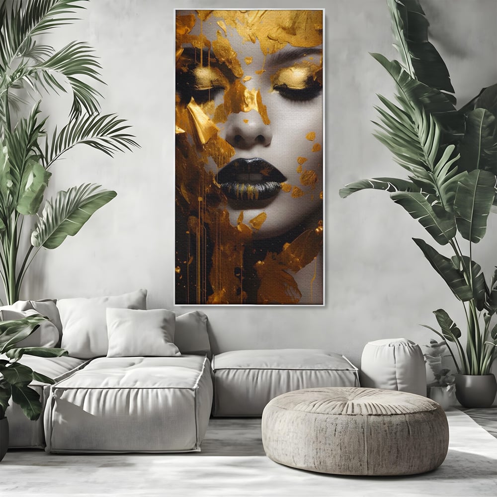Tablou Canvas Premium LuxCanva® A1450, Privire Aurie , Decorativ, Living, Femeie, Gold, Foita De Aur, Culori Vibrante