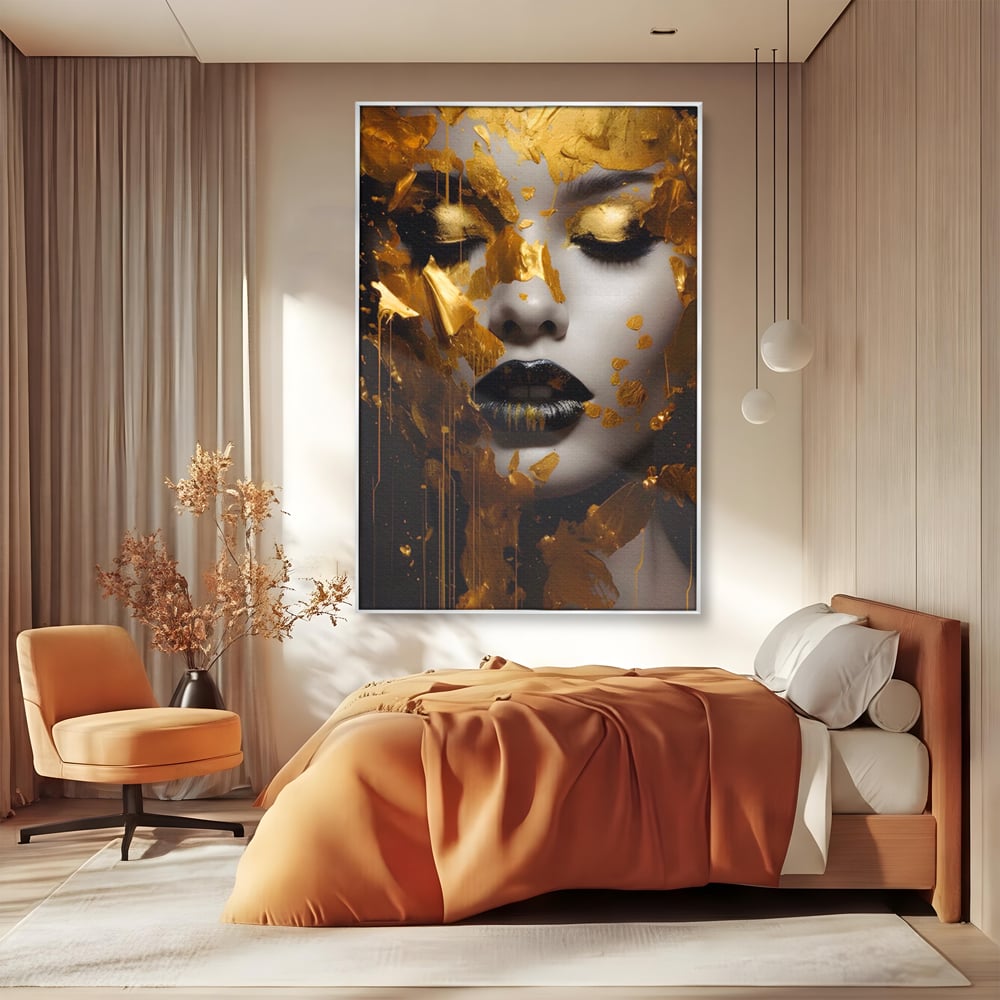 Tablou Canvas Premium LuxCanva® A1450, Privire Aurie , Decorativ, Living, Femeie, Gold, Foita De Aur, Culori Vibrante