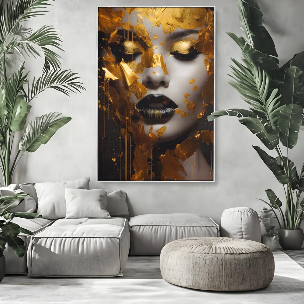 Tablou Canvas Premium LuxCanva® A1450, Privire Aurie , Decorativ, Living, Femeie, Gold, Foita De Aur, Culori Vibrante
