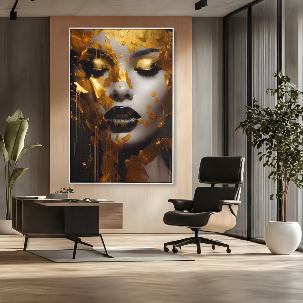 Tablou Canvas Premium LuxCanva® A1450, Privire Aurie , Decorativ, Living, Femeie, Gold, Foita De Aur, Culori Vibrante