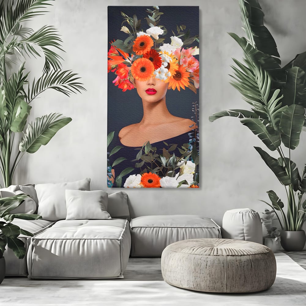 Tablou Canvas Premium LuxCanva® A1451, Vestimentatie Florala , Decorativ, Living, Femeie, Coronita, Culori Florale, Culori Vibrante