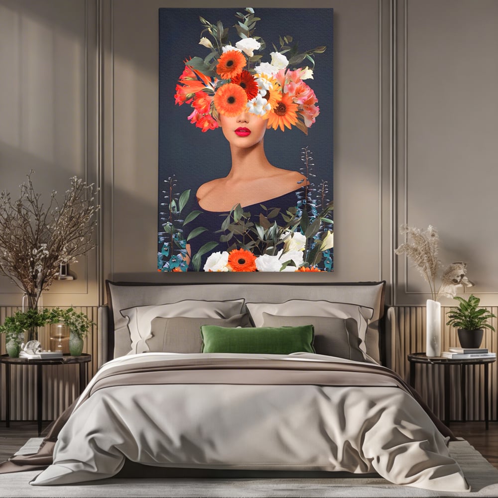 Tablou Canvas Premium LuxCanva® A1451, Vestimentatie Florala , Decorativ, Living, Femeie, Coronita, Culori Florale, Culori Vibrante