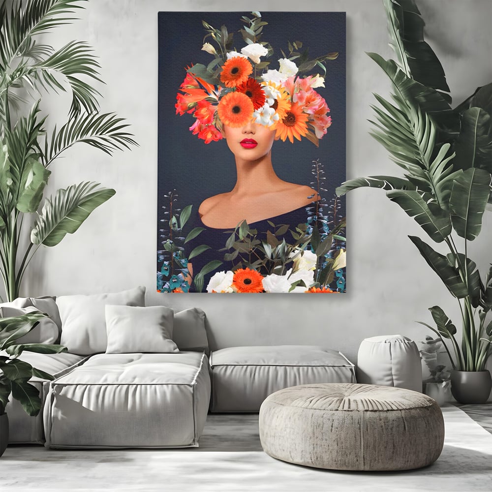 Tablou Canvas Premium LuxCanva® A1451, Vestimentatie Florala , Decorativ, Living, Femeie, Coronita, Culori Florale, Culori Vibrante