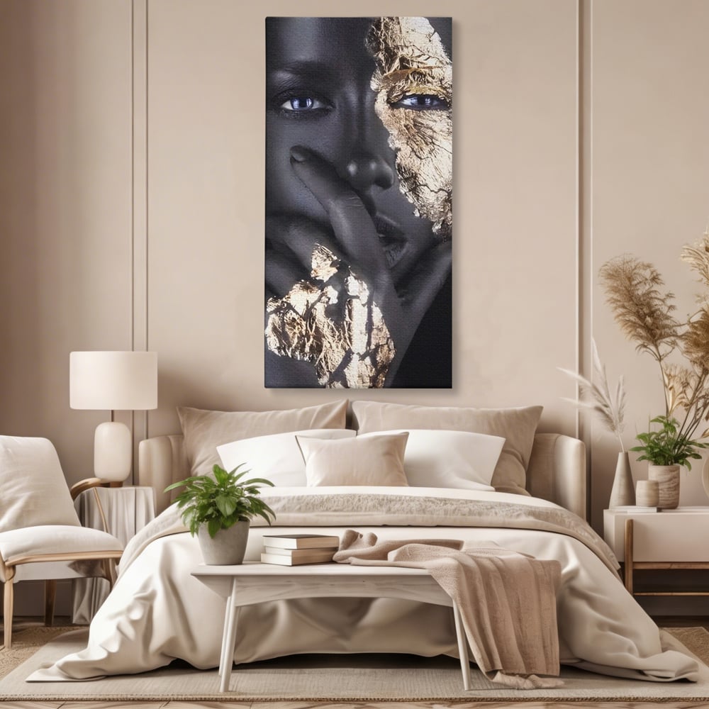 Tablou Canvas Premium LuxCanva® A1453, Stare Aurie , Decorativ, Living, Frumusete, Femeie Cu Ochi Albastri, Mister, Living, Culori Vibrante