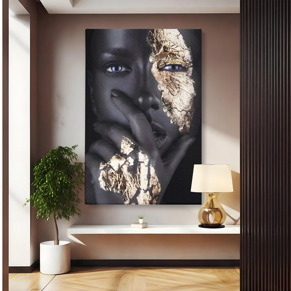 Tablou Canvas Premium LuxCanva® A1453, Stare Aurie , Decorativ, Living, Frumusete, Femeie Cu Ochi Albastri, Mister, Living, Culori Vibrante