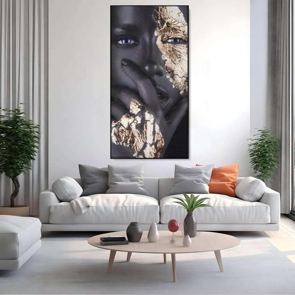 Tablou Canvas Premium LuxCanva® A1453, Stare Aurie , Decorativ, Living, Frumusete, Femeie Cu Ochi Albastri, Mister, Living, Culori Vibrante