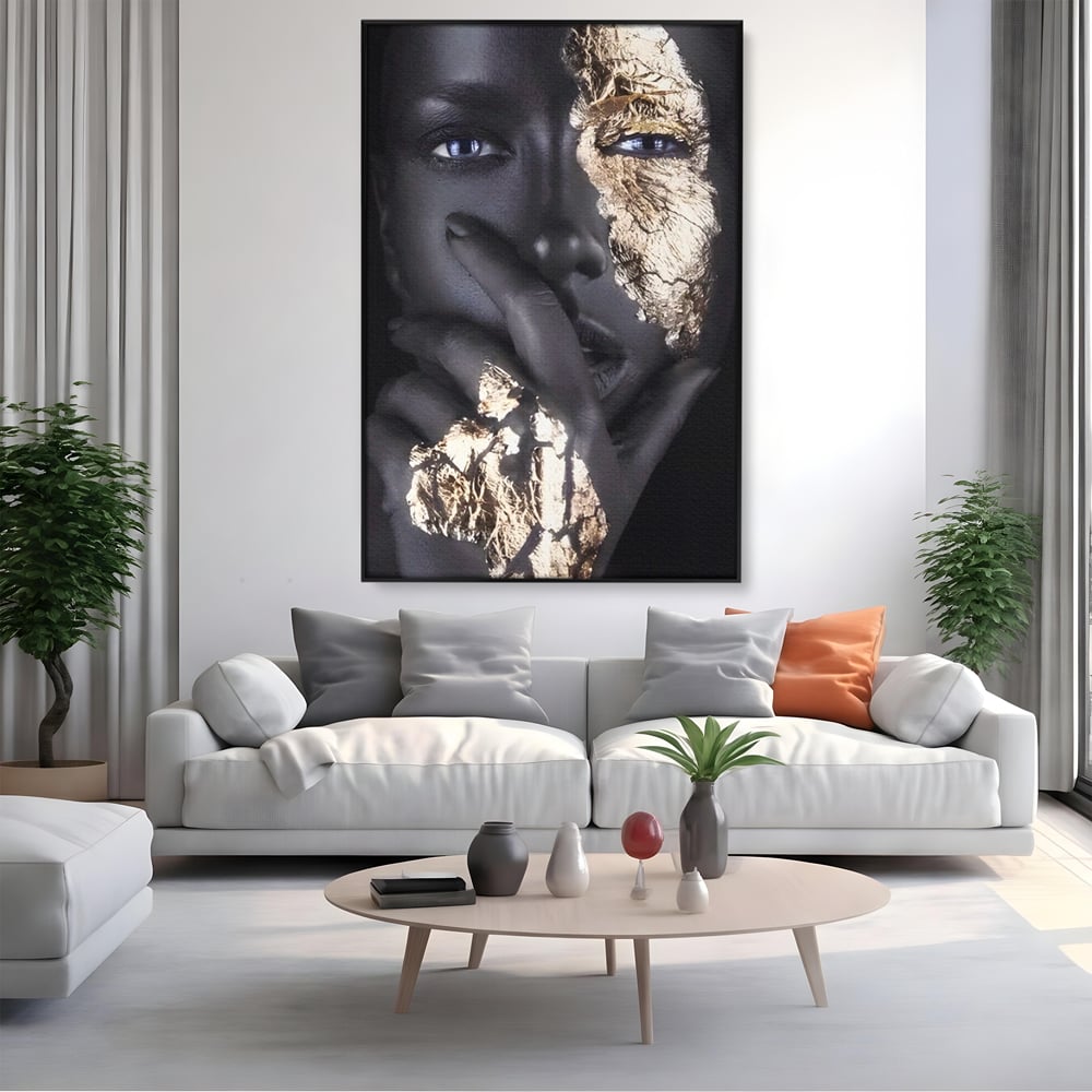 Tablou Canvas Premium LuxCanva® A1453, Stare Aurie , Decorativ, Living, Frumusete, Femeie Cu Ochi Albastri, Mister, Living, Culori Vibrante