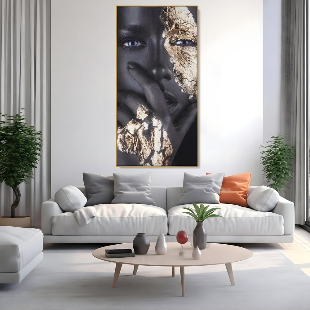 Tablou Canvas Premium LuxCanva® A1453, Stare Aurie , Decorativ, Living, Frumusete, Femeie Cu Ochi Albastri, Mister, Living, Culori Vibrante