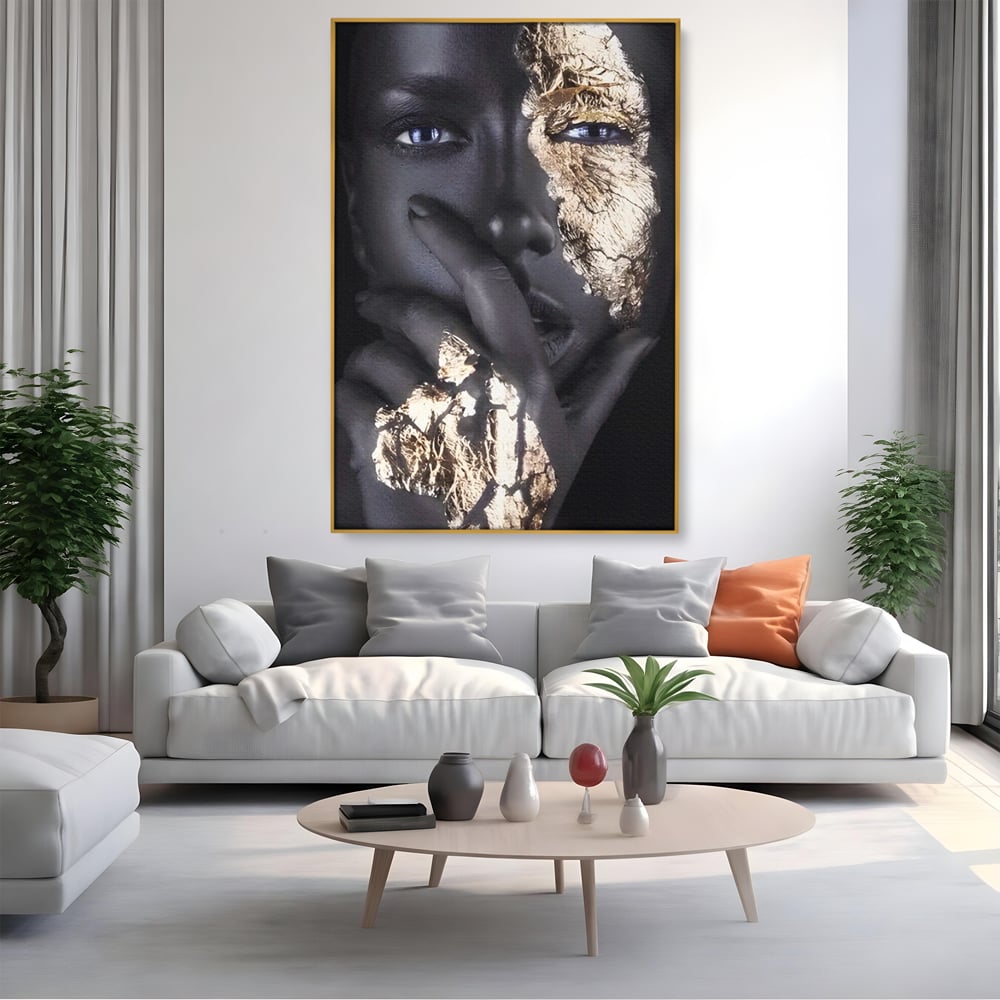 Tablou Canvas Premium LuxCanva® A1453, Stare Aurie , Decorativ, Living, Frumusete, Femeie Cu Ochi Albastri, Mister, Living, Culori Vibrante