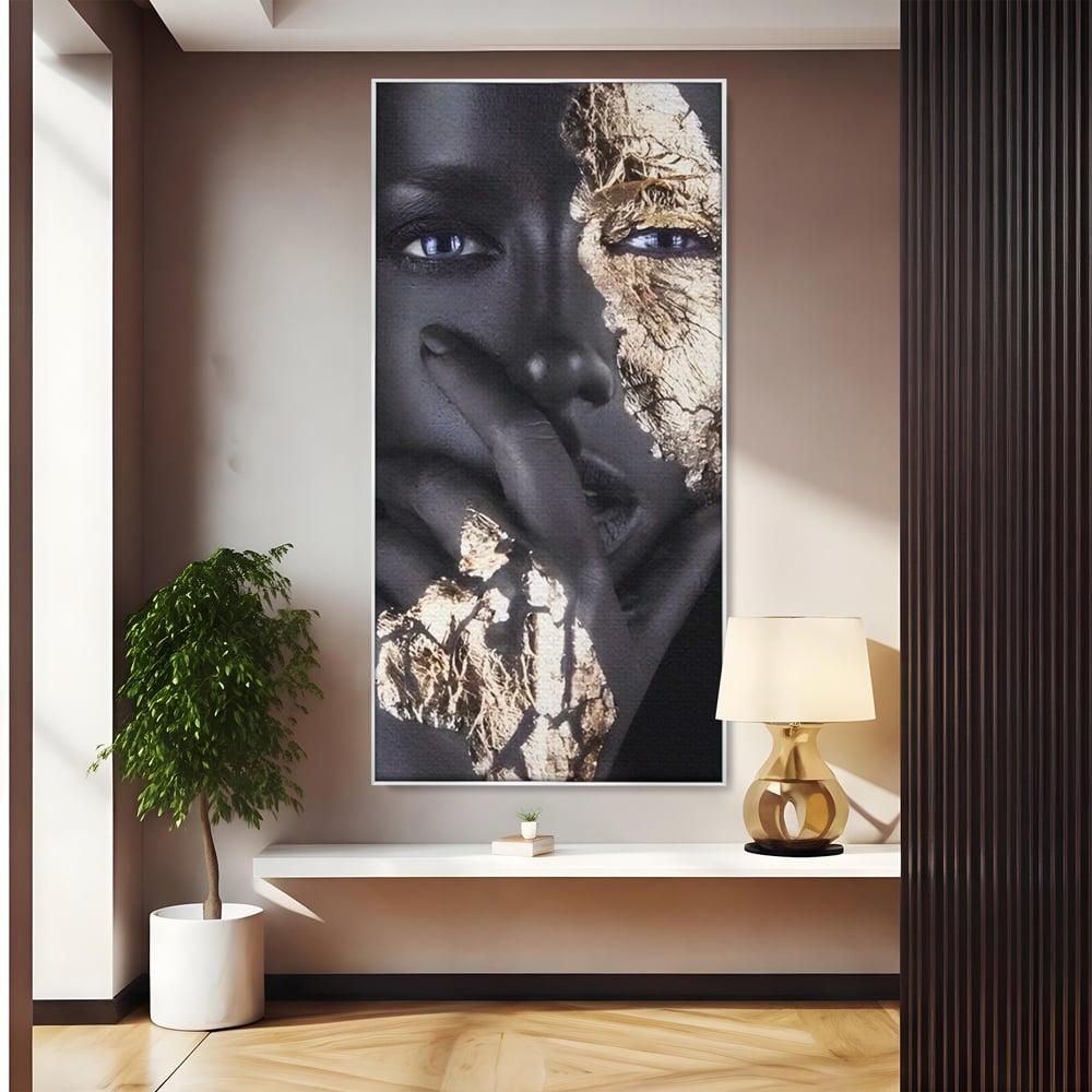 Tablou Canvas Premium LuxCanva® A1453, Stare Aurie , Decorativ, Living, Frumusete, Femeie Cu Ochi Albastri, Mister, Living, Culori Vibrante