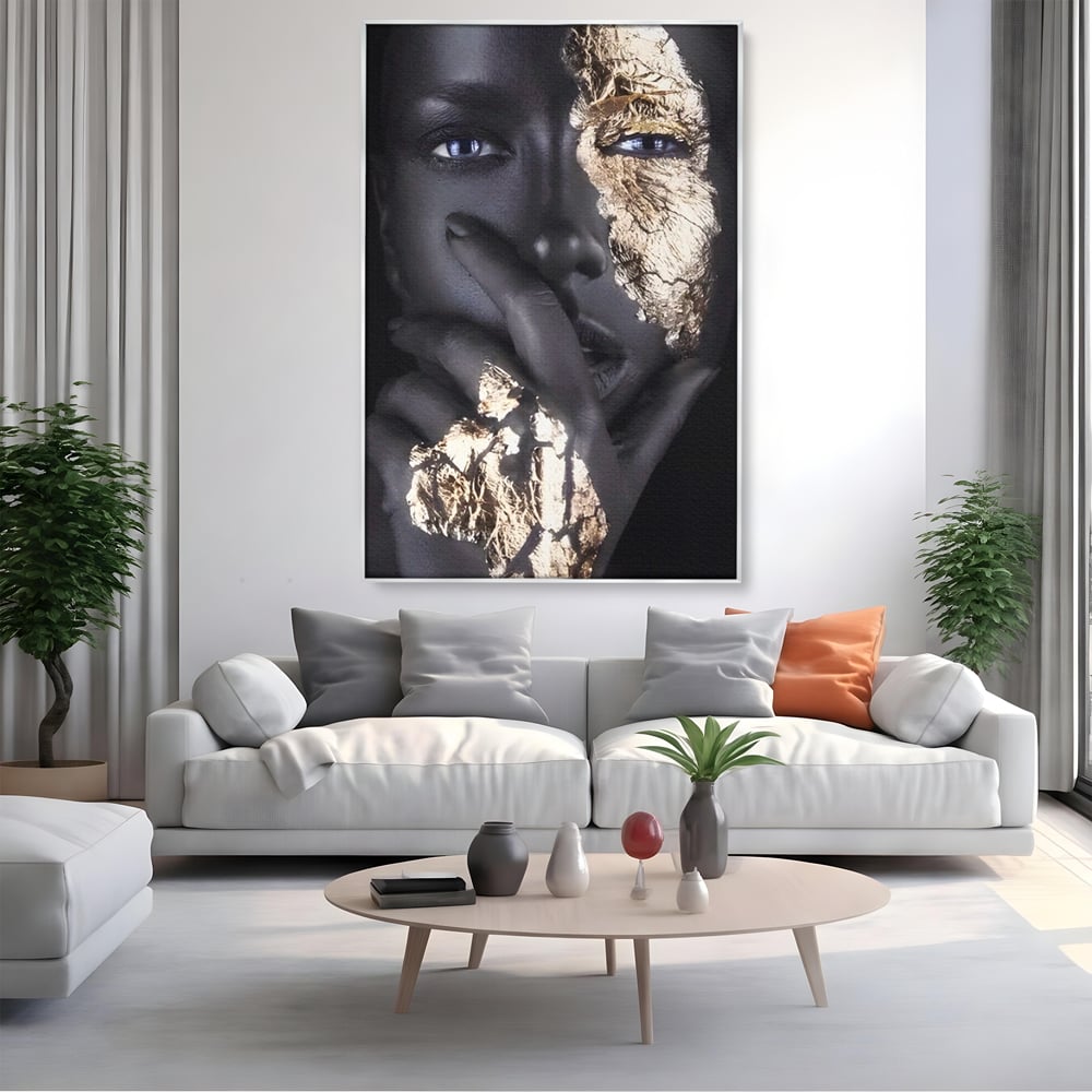 Tablou Canvas Premium LuxCanva® A1453, Stare Aurie , Decorativ, Living, Frumusete, Femeie Cu Ochi Albastri, Mister, Living, Culori Vibrante