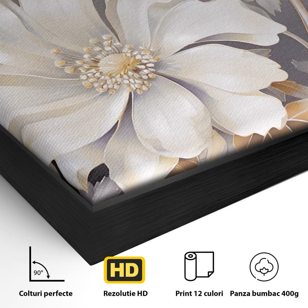 Tablou Canvas Premium LuxCanva® A1454, Vibratie Alba , Decorativ, Living, Flori, Bujori, Alb, Living, Culori Vibrante