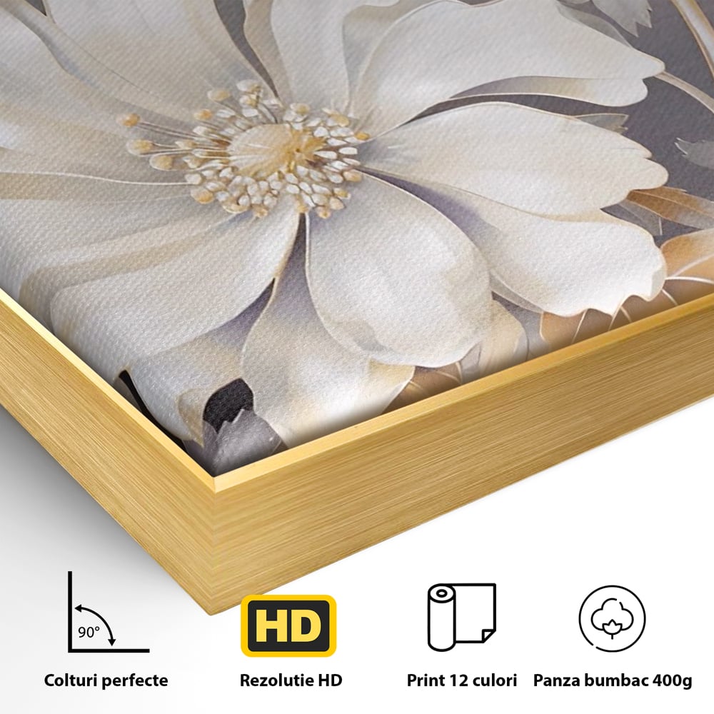 Tablou Canvas Premium LuxCanva® A1454, Vibratie Alba , Decorativ, Living, Flori, Bujori, Alb, Living, Culori Vibrante