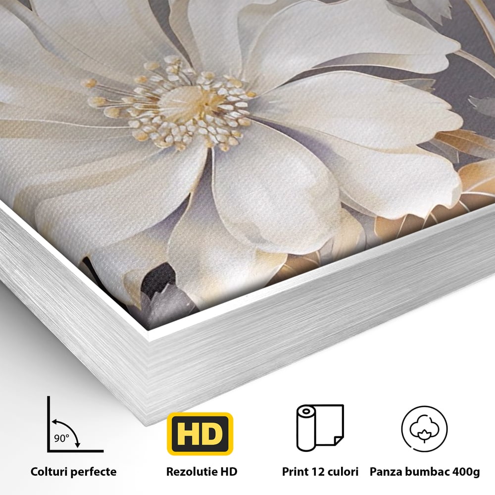 Tablou Canvas Premium LuxCanva® A1454, Vibratie Alba , Decorativ, Living, Flori, Bujori, Alb, Living, Culori Vibrante