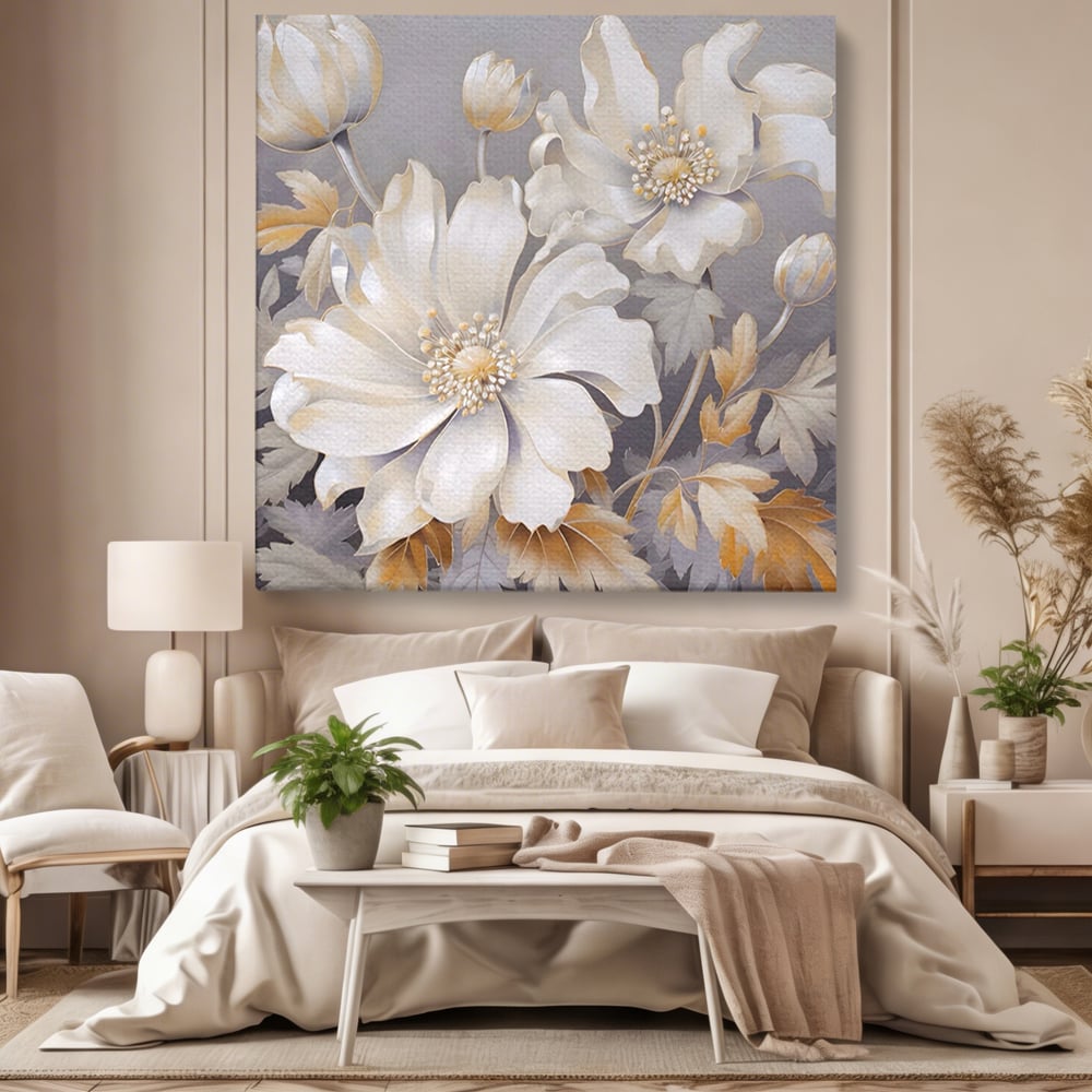 Tablou Canvas Premium LuxCanva® A1454, Vibratie Alba , Decorativ, Living, Flori, Bujori, Alb, Living, Culori Vibrante
