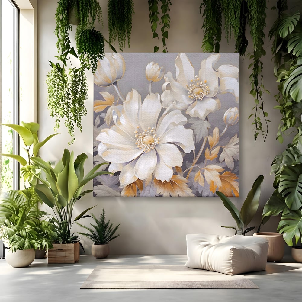 Tablou Canvas Premium LuxCanva® A1454, Vibratie Alba , Decorativ, Living, Flori, Bujori, Alb, Living, Culori Vibrante
