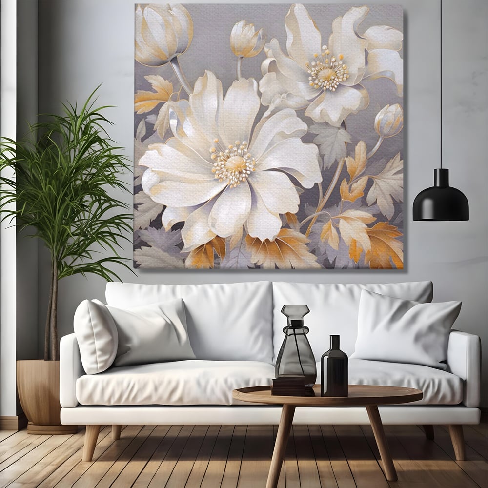 Tablou Canvas Premium LuxCanva® A1454, Vibratie Alba , Decorativ, Living, Flori, Bujori, Alb, Living, Culori Vibrante