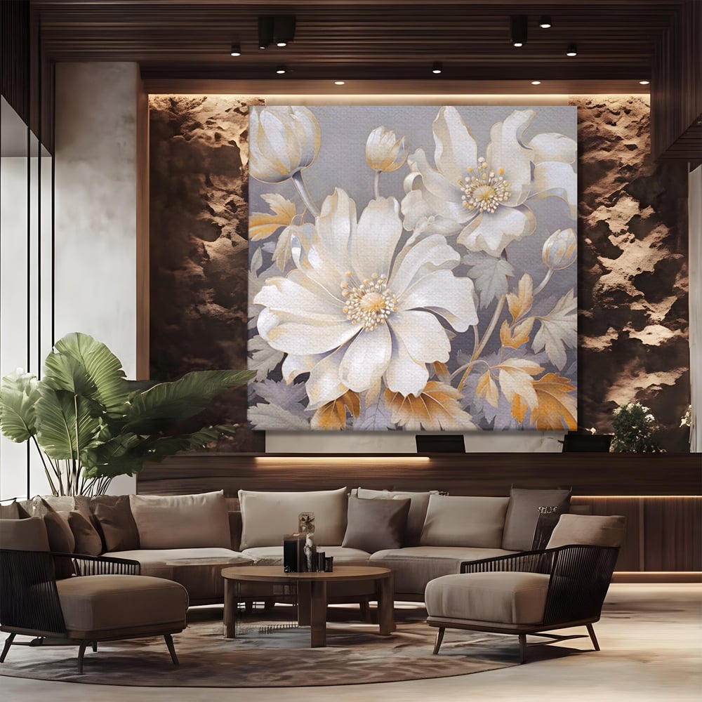 Tablou Canvas Premium LuxCanva® A1454, Vibratie Alba , Decorativ, Living, Flori, Bujori, Alb, Living, Culori Vibrante