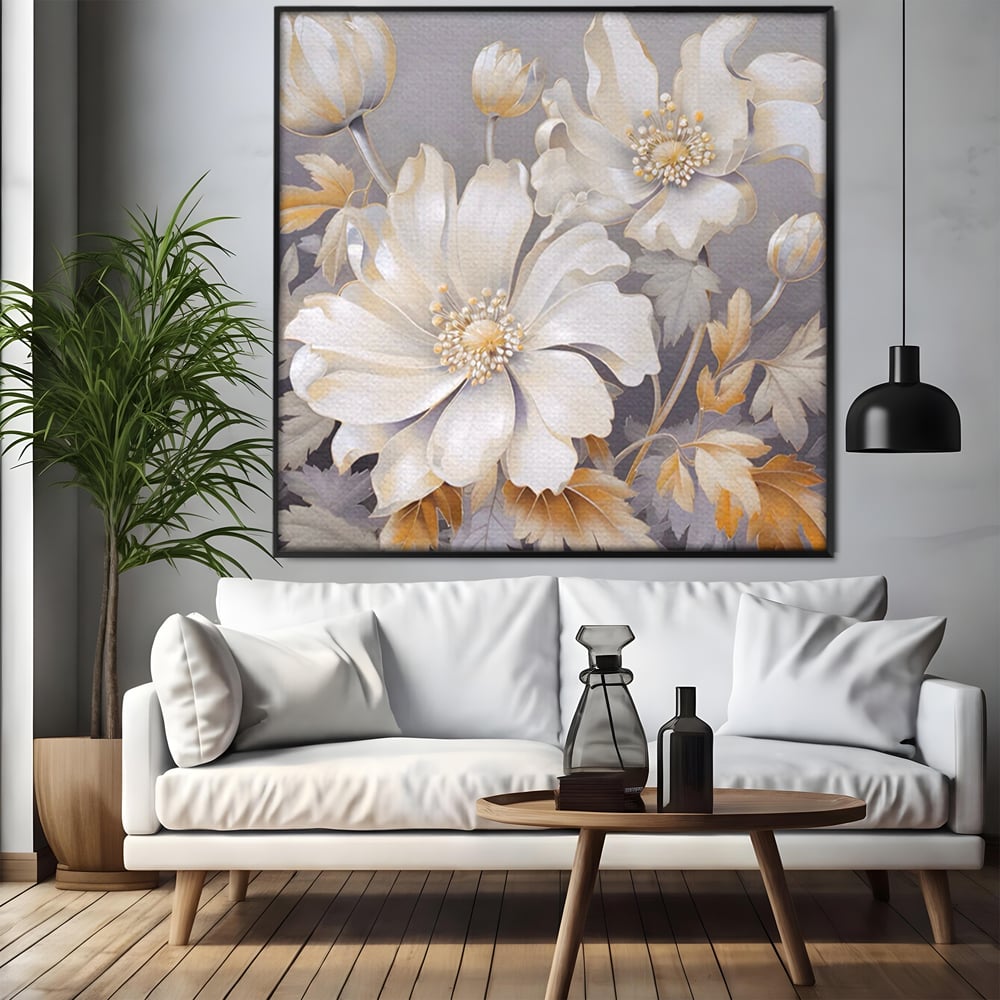Tablou Canvas Premium LuxCanva® A1454, Vibratie Alba , Decorativ, Living, Flori, Bujori, Alb, Living, Culori Vibrante