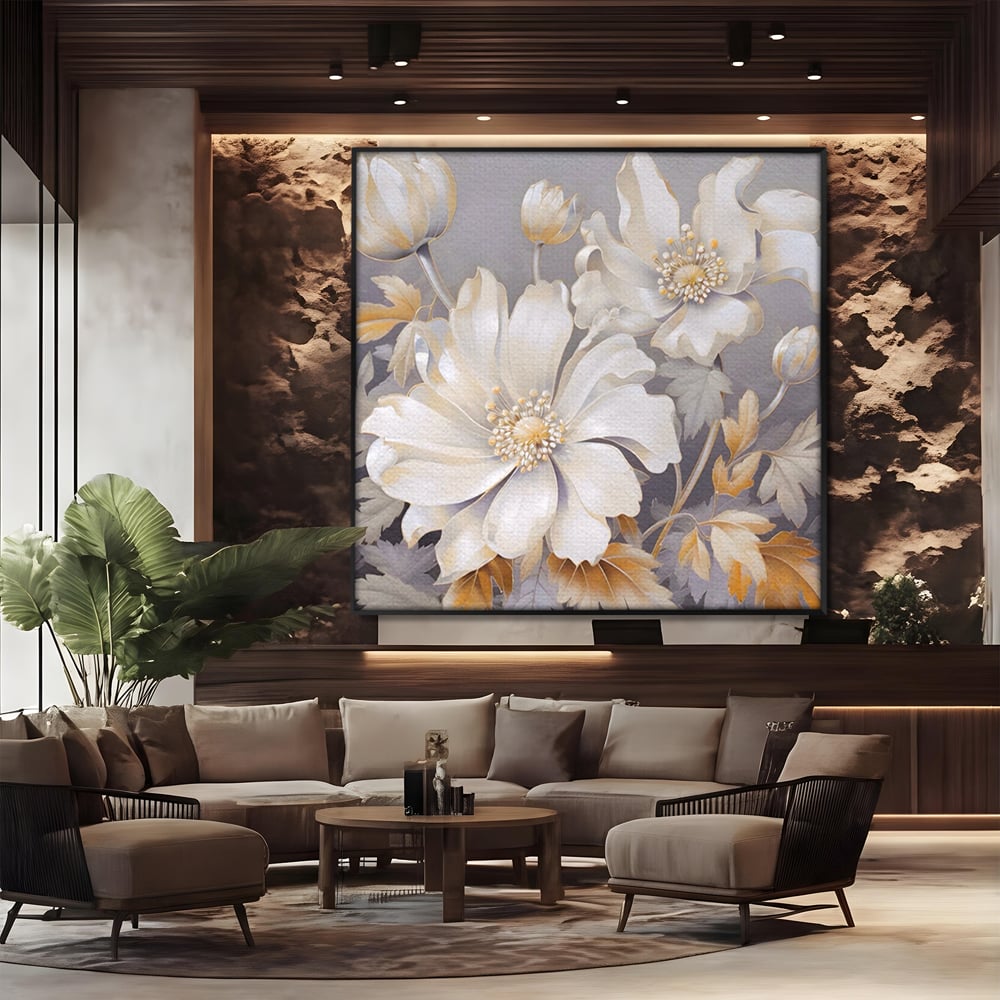 Tablou Canvas Premium LuxCanva® A1454, Vibratie Alba , Decorativ, Living, Flori, Bujori, Alb, Living, Culori Vibrante