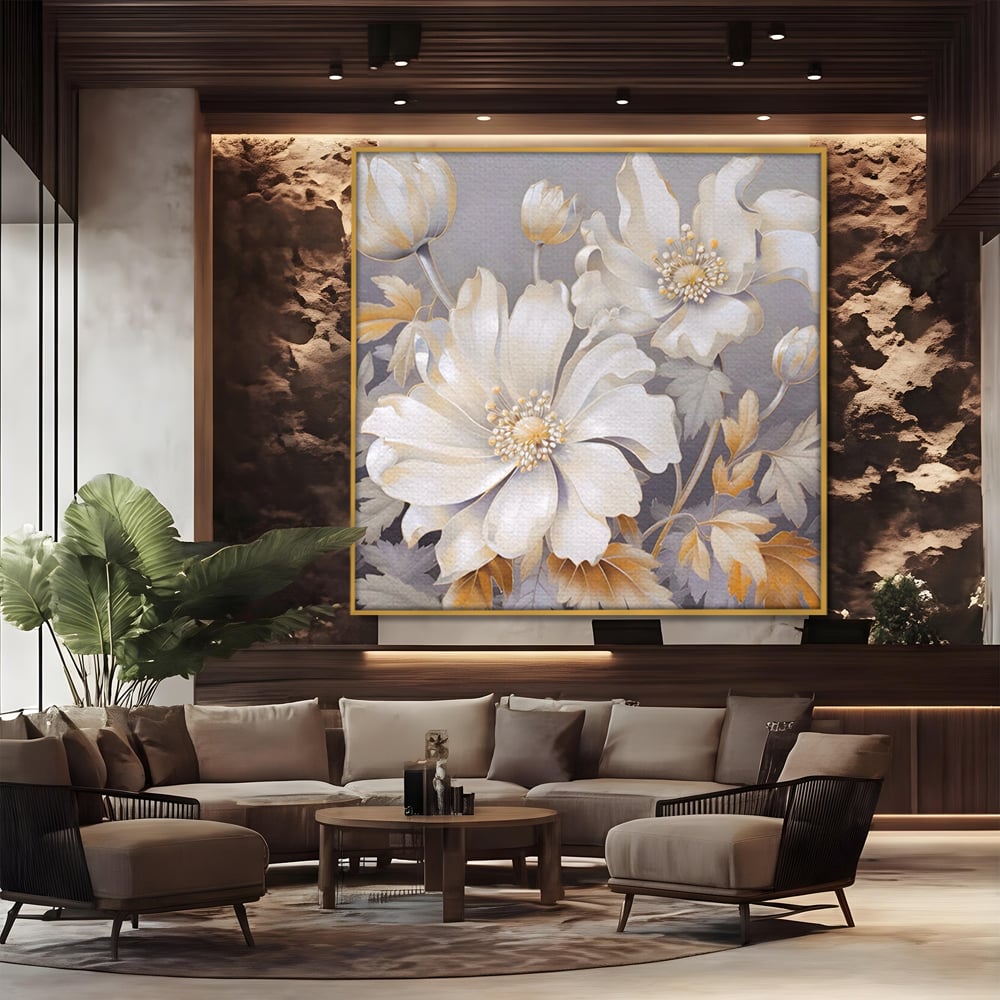 Tablou Canvas Premium LuxCanva® A1454, Vibratie Alba , Decorativ, Living, Flori, Bujori, Alb, Living, Culori Vibrante