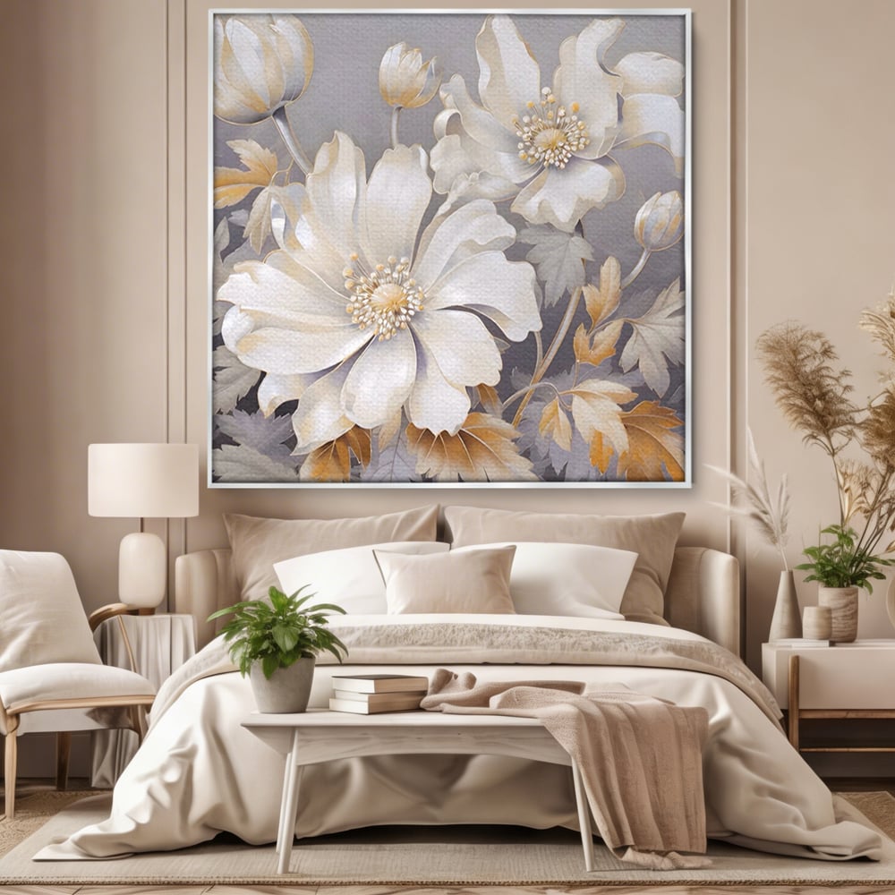 Tablou Canvas Premium LuxCanva® A1454, Vibratie Alba , Decorativ, Living, Flori, Bujori, Alb, Living, Culori Vibrante