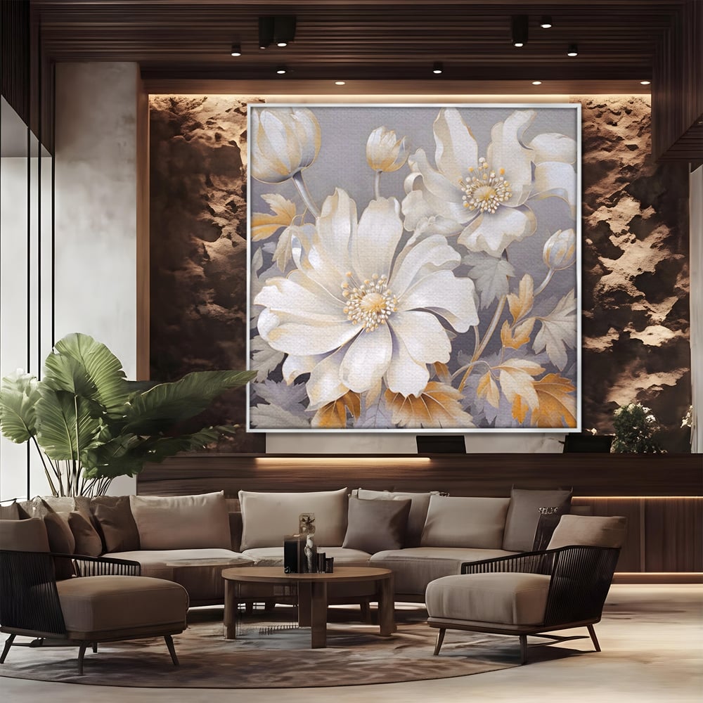 Tablou Canvas Premium LuxCanva® A1454, Vibratie Alba , Decorativ, Living, Flori, Bujori, Alb, Living, Culori Vibrante