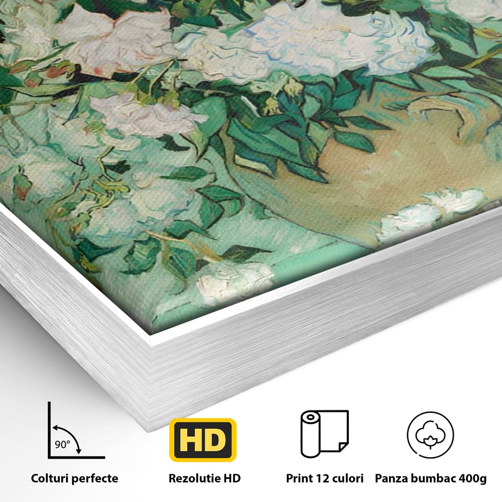 Tablou Canvas Premium LuxCanva® A1455, Trandafiri Albi , Living, Vaza, Flori, Planta, Decorativ, Alb, Culori Vibrante