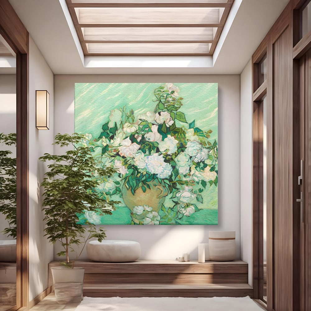 Tablou Canvas Premium LuxCanva® A1455, Trandafiri Albi , Living, Vaza, Flori, Planta, Decorativ, Alb, Culori Vibrante