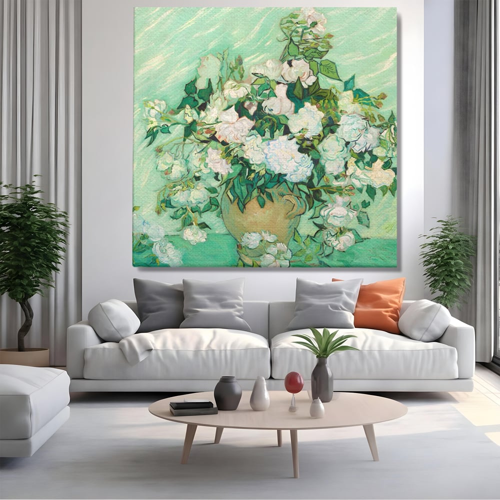 Tablou Canvas Premium LuxCanva® A1455, Trandafiri Albi , Living, Vaza, Flori, Planta, Decorativ, Alb, Culori Vibrante