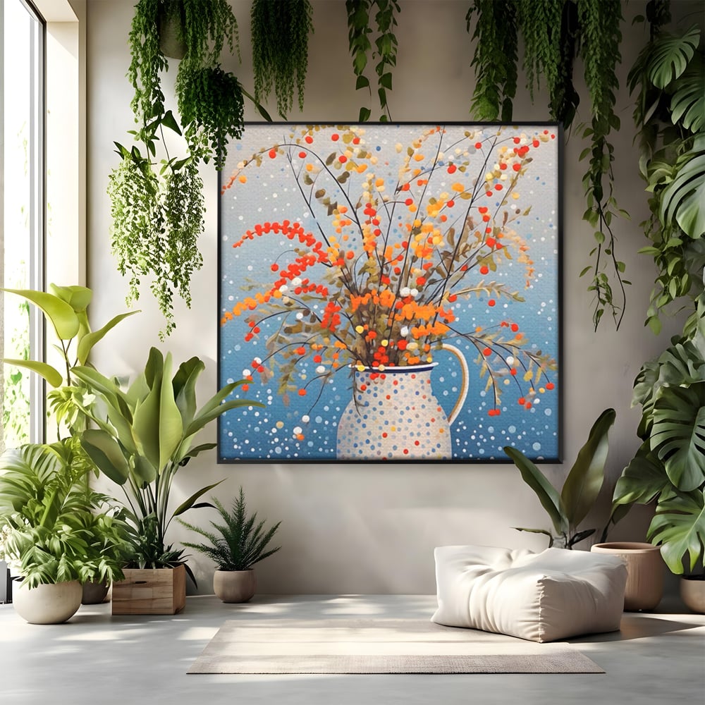 Leinwandbilder Premium LuxCanva® A1460, Vase mit Tupfen, Wohnen, Dekorativ, Blumen, Frühling, Harmonie, Zimmer, Kräftige Farben