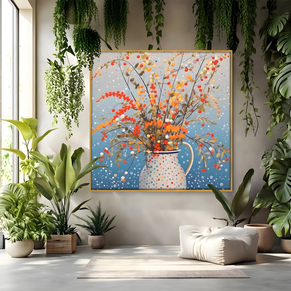 Leinwandbilder Premium LuxCanva® A1460, Vase mit Tupfen, Wohnen, Dekorativ, Blumen, Frühling, Harmonie, Zimmer, Kräftige Farben