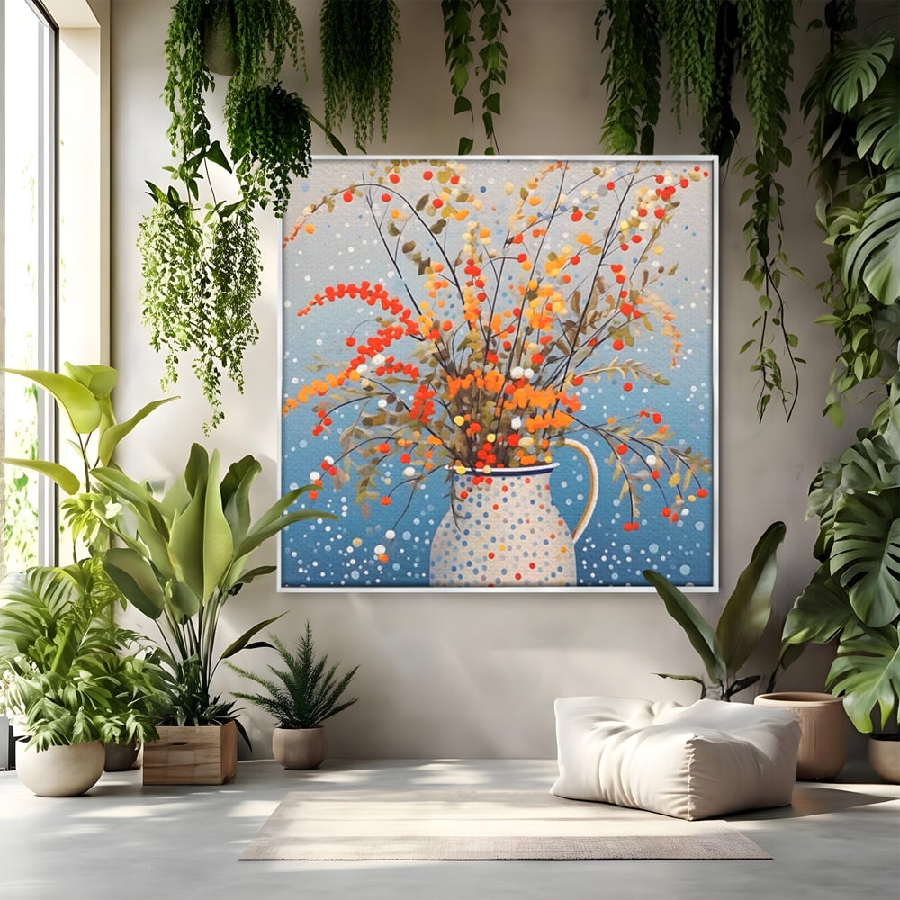 Leinwandbilder Premium LuxCanva® A1460, Vase mit Tupfen, Wohnen, Dekorativ, Blumen, Frühling, Harmonie, Zimmer, Kräftige Farben