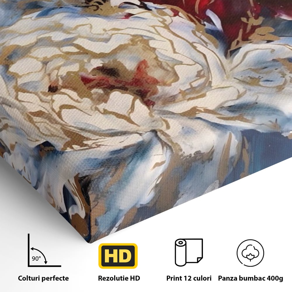 Tablou Canvas Premium LuxCanva® A1463, Linii Aurii , Flori, Trio, Foita De Aur, Room, Culori Vibrante