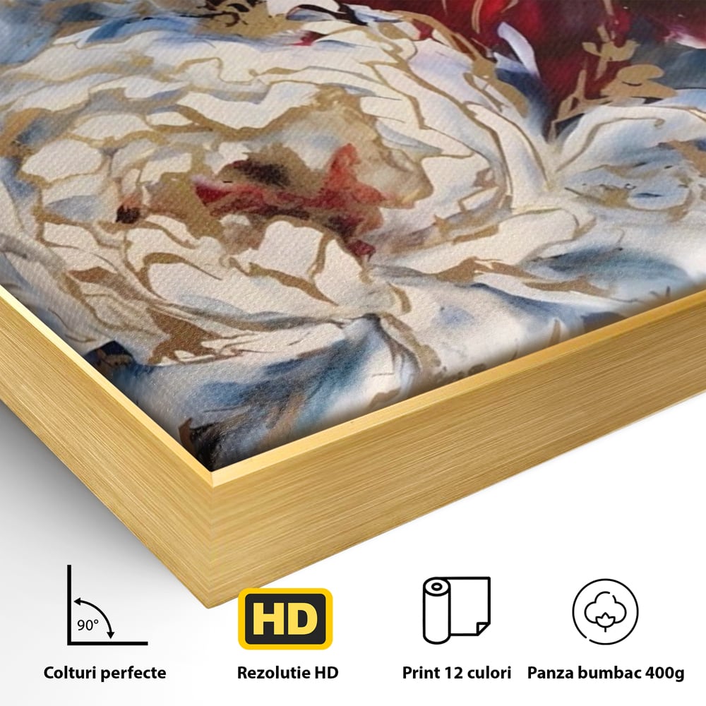 Tablou Canvas Premium LuxCanva® A1463, Linii Aurii , Flori, Trio, Foita De Aur, Room, Culori Vibrante