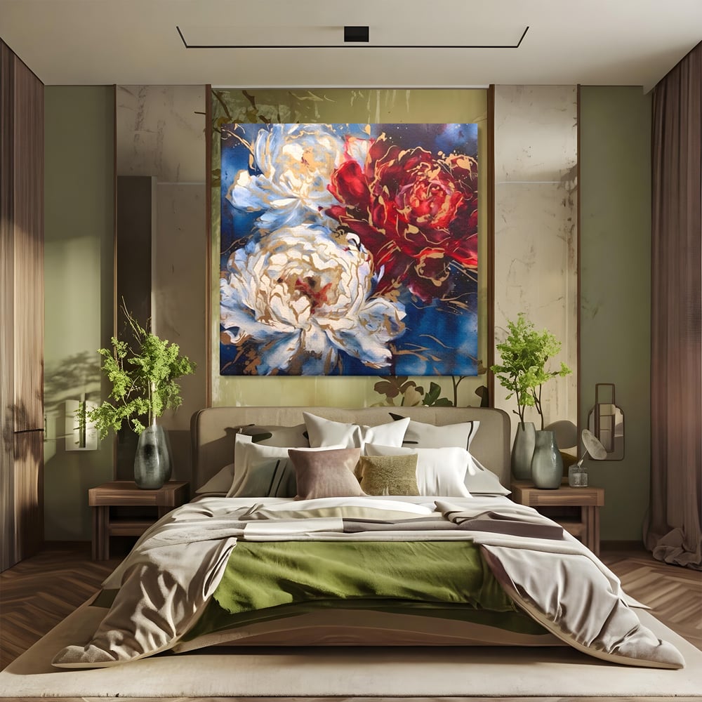 Tablou Canvas Premium LuxCanva® A1463, Linii Aurii , Flori, Trio, Foita De Aur, Room, Culori Vibrante