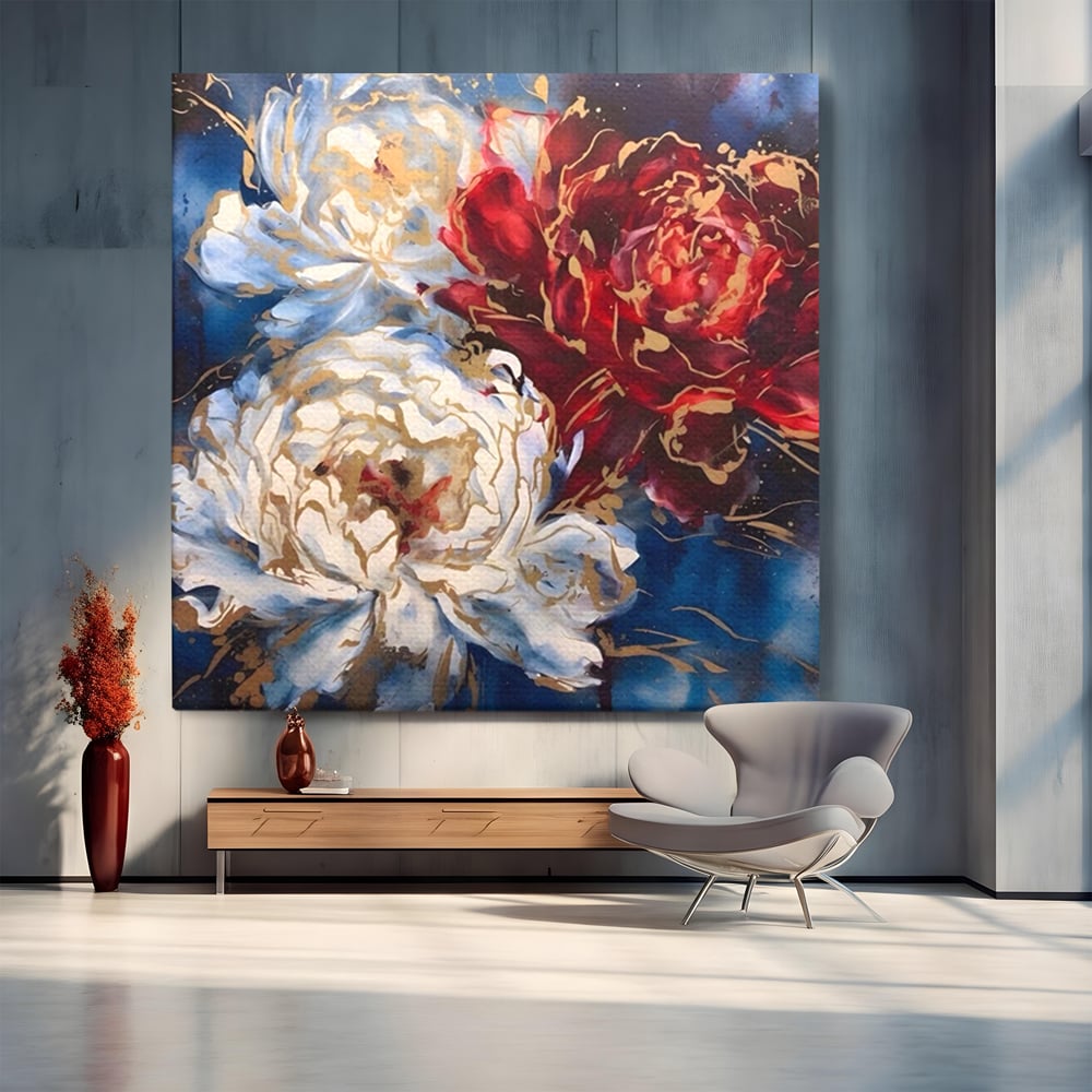 Tablou Canvas Premium LuxCanva® A1463, Linii Aurii , Flori, Trio, Foita De Aur, Room, Culori Vibrante