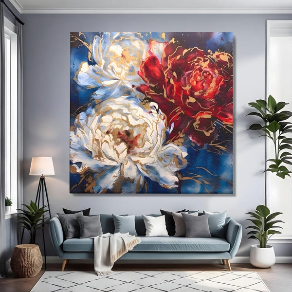 Tablou Canvas Premium LuxCanva® A1463, Linii Aurii , Flori, Trio, Foita De Aur, Room, Culori Vibrante