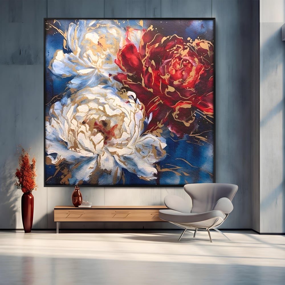 Tablou Canvas Premium LuxCanva® A1463, Linii Aurii , Flori, Trio, Foita De Aur, Room, Culori Vibrante