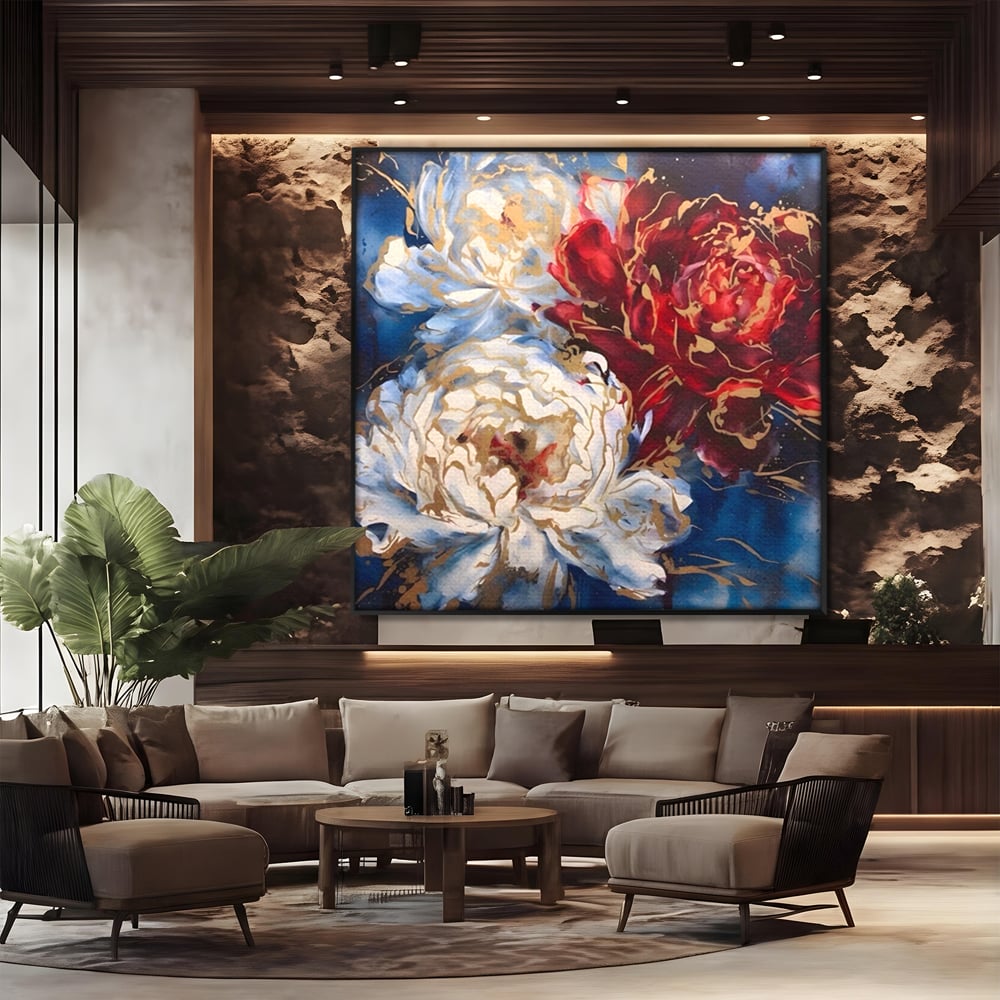 Tablou Canvas Premium LuxCanva® A1463, Linii Aurii , Flori, Trio, Foita De Aur, Room, Culori Vibrante