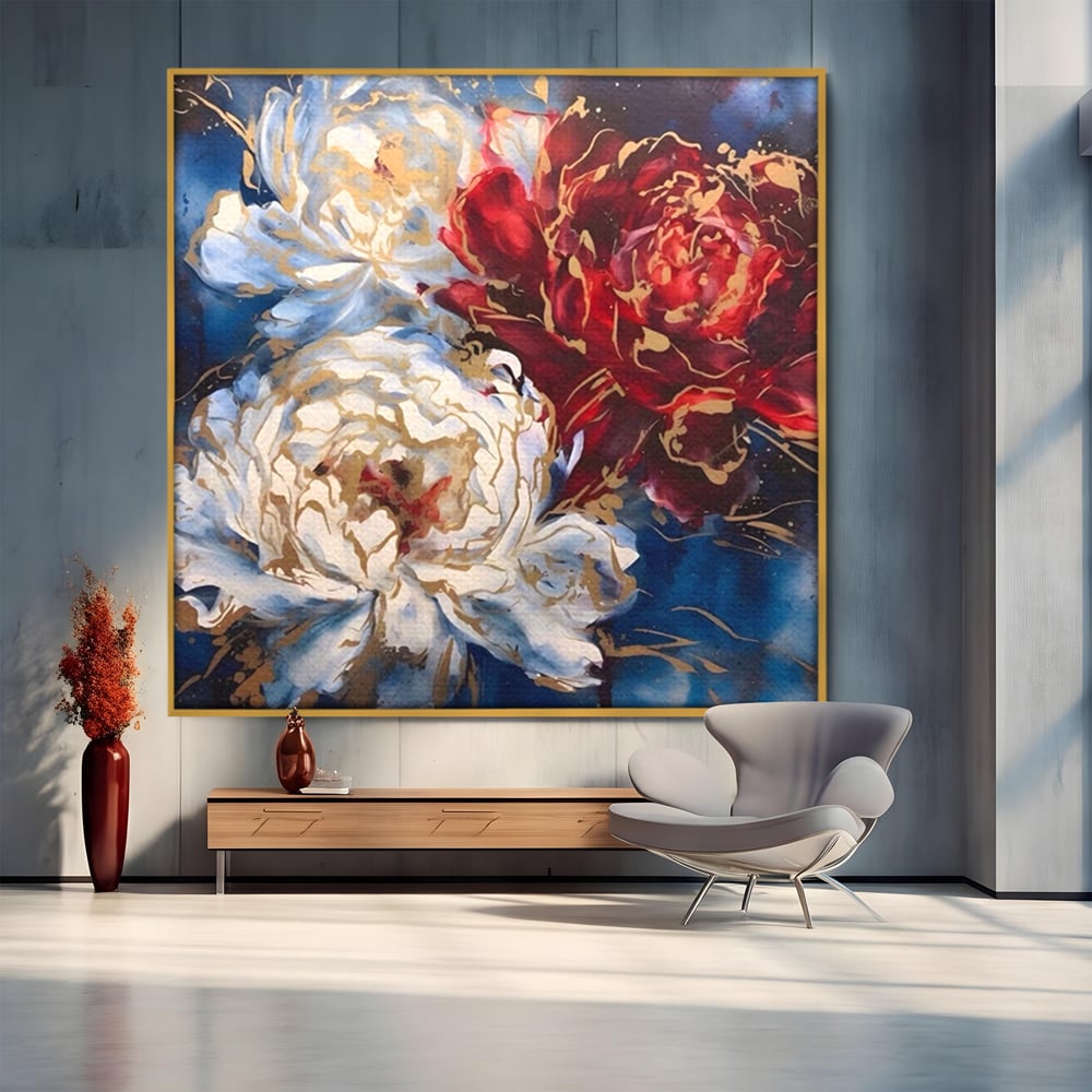 Tablou Canvas Premium LuxCanva® A1463, Linii Aurii , Flori, Trio, Foita De Aur, Room, Culori Vibrante