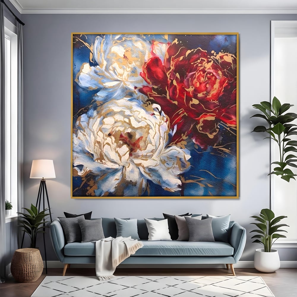 Tablou Canvas Premium LuxCanva® A1463, Linii Aurii , Flori, Trio, Foita De Aur, Room, Culori Vibrante