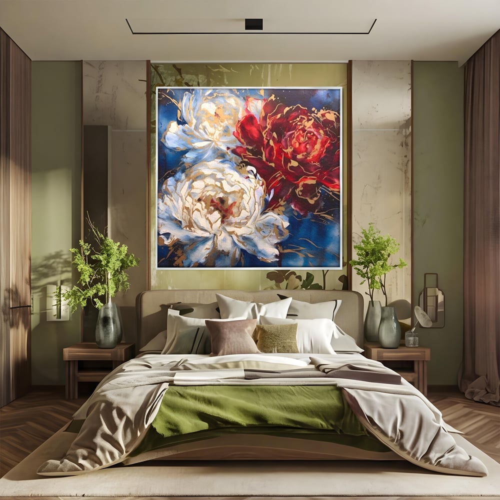 Tablou Canvas Premium LuxCanva® A1463, Linii Aurii , Flori, Trio, Foita De Aur, Room, Culori Vibrante
