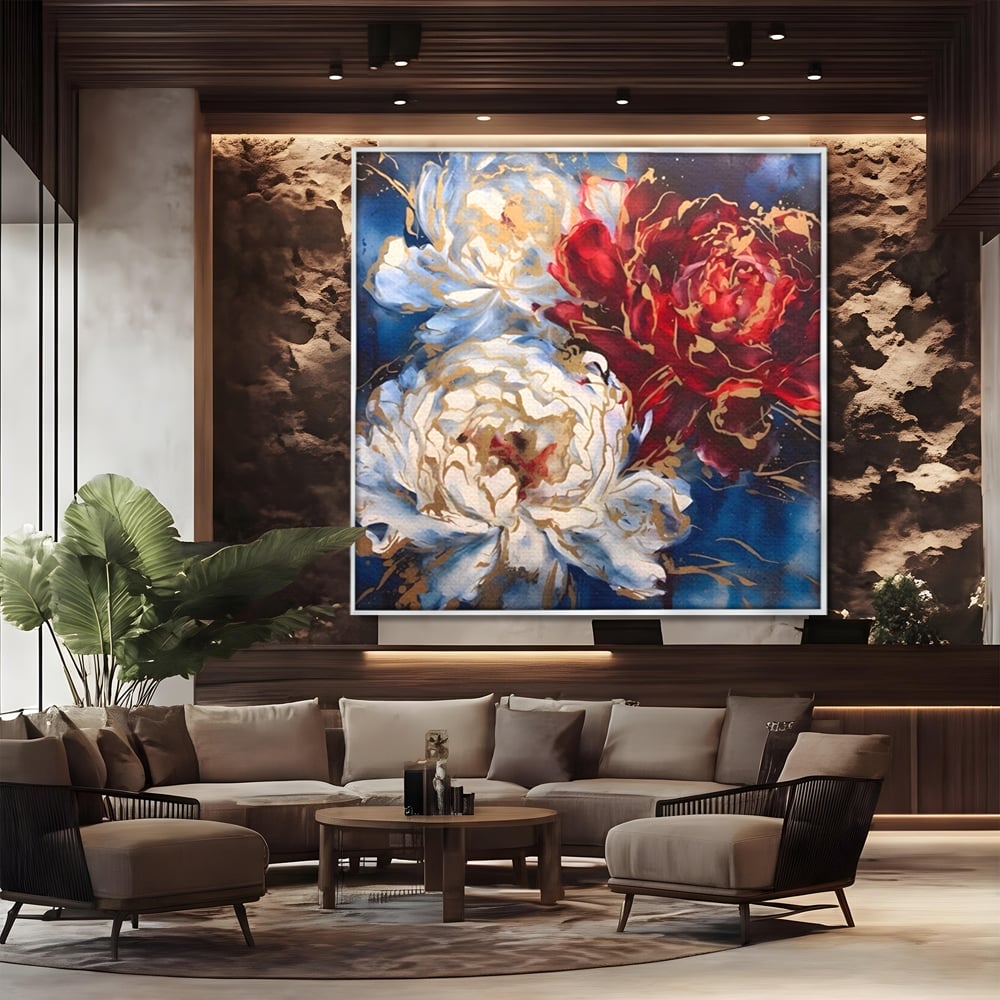 Tablou Canvas Premium LuxCanva® A1463, Linii Aurii , Flori, Trio, Foita De Aur, Room, Culori Vibrante