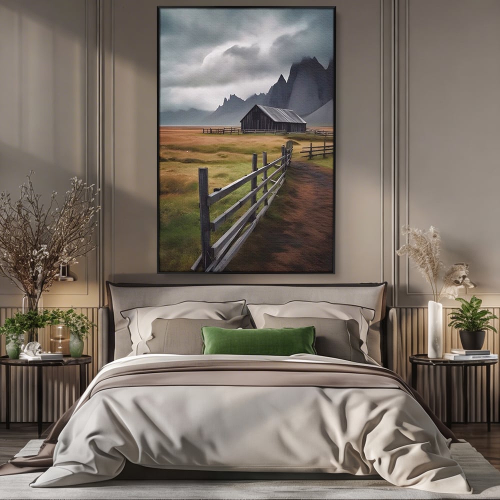 Tablou Canvas Premium LuxCanva® A1464, Langa Munti , Living, Casa, Peisaj, Gard, Decorativ, Culori Vibrante