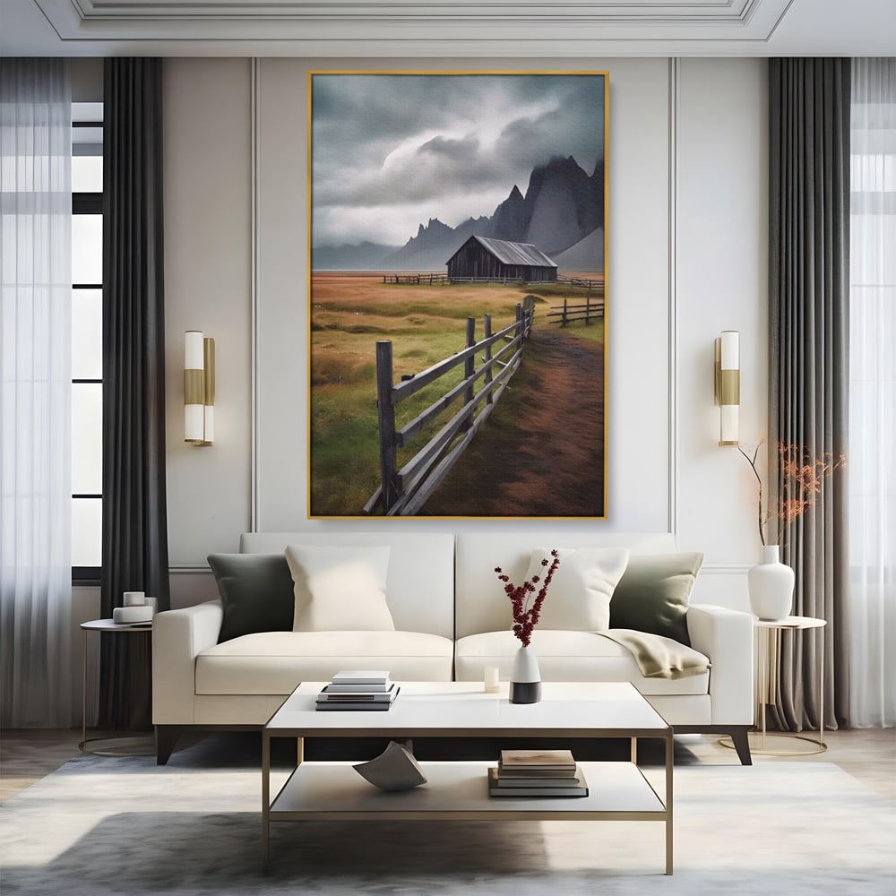 Tablou Canvas Premium LuxCanva® A1464, Langa Munti , Living, Casa, Peisaj, Gard, Decorativ, Culori Vibrante