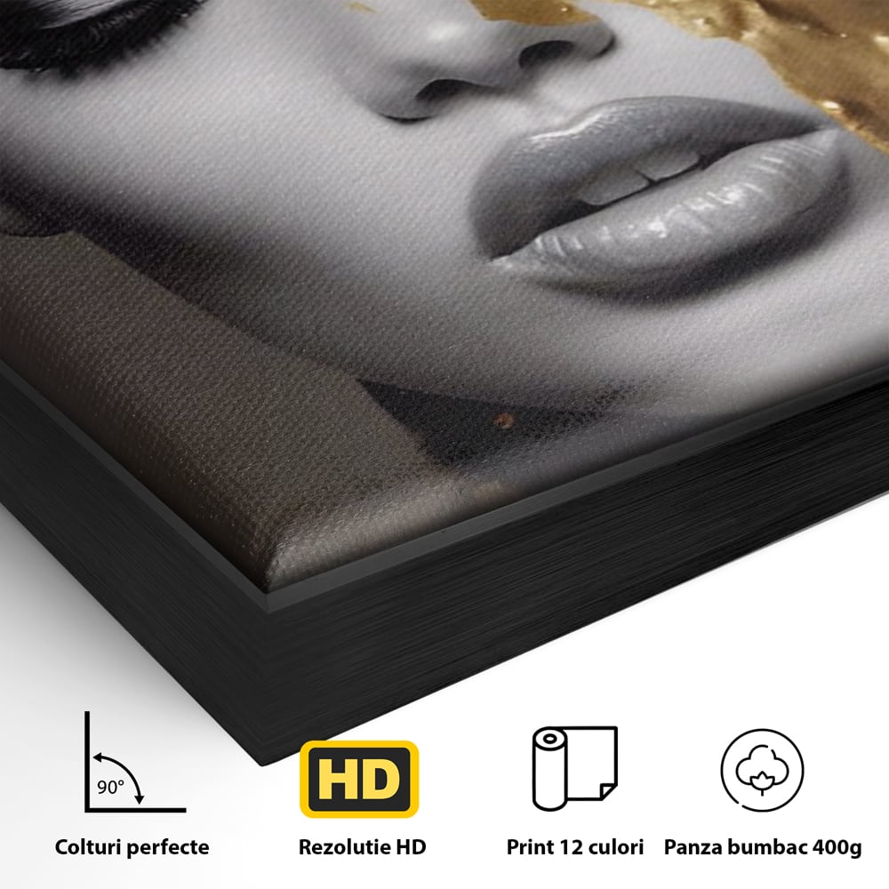 Tablou Canvas Premium LuxCanva® A1465, Vraja Fluturilor , Living, Femeie, Frumusete, Auriu, Decorativ, Culori Vibrante