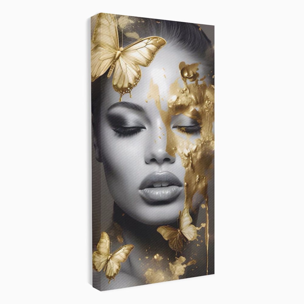 Tablou Canvas Premium LuxCanva® A1465, Vraja Fluturilor , Living, Femeie, Frumusete, Auriu, Decorativ, Culori Vibrante