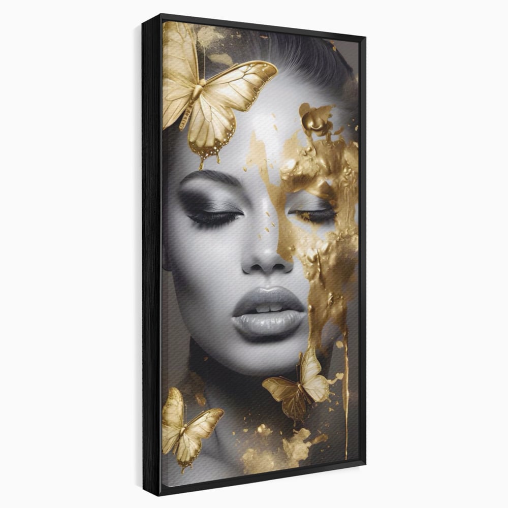 Tablou Canvas Premium LuxCanva® A1465, Vraja Fluturilor , Living, Femeie, Frumusete, Auriu, Decorativ, Culori Vibrante
