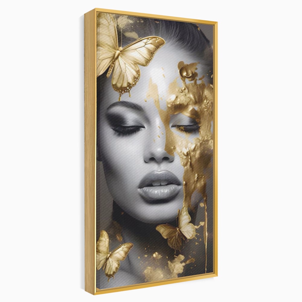 Tablou Canvas Premium LuxCanva® A1465, Vraja Fluturilor , Living, Femeie, Frumusete, Auriu, Decorativ, Culori Vibrante